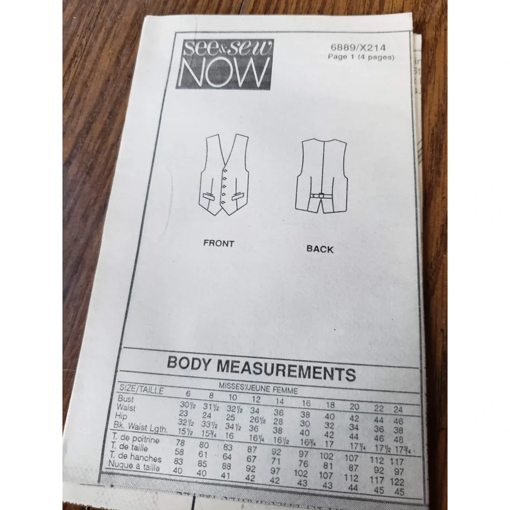 Butterick See Sew 6889 Sewing Pattern His & Hers Vests Size L-XL Uncut